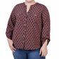 NY Collection Women's Plus 3/4 Sleeve Roll Tab Y Neck Blouse Blue Size 2X