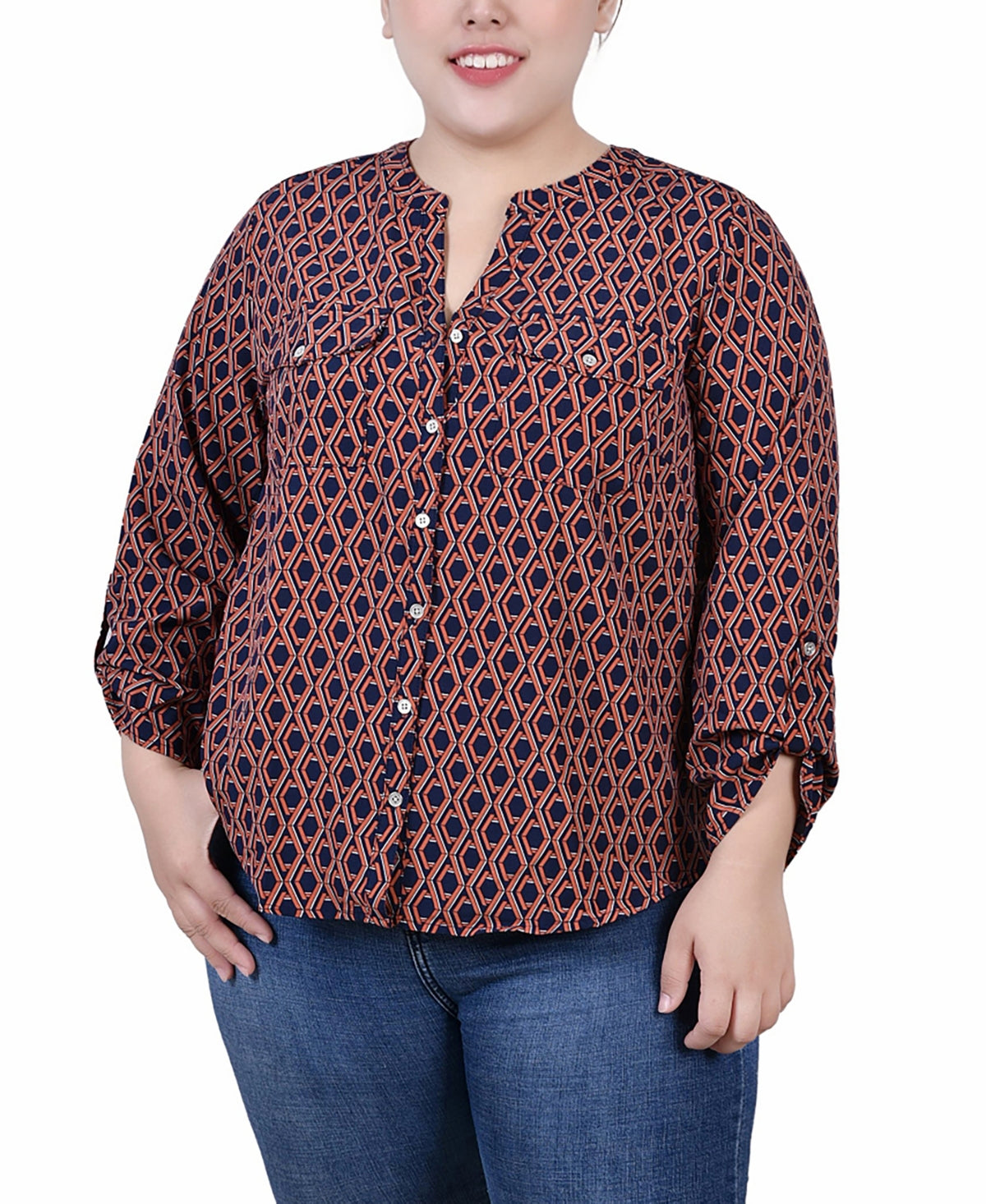 NY Collection Women's Plus 3/4 Sleeve Roll Tab Y Neck Blouse Blue Size 2X