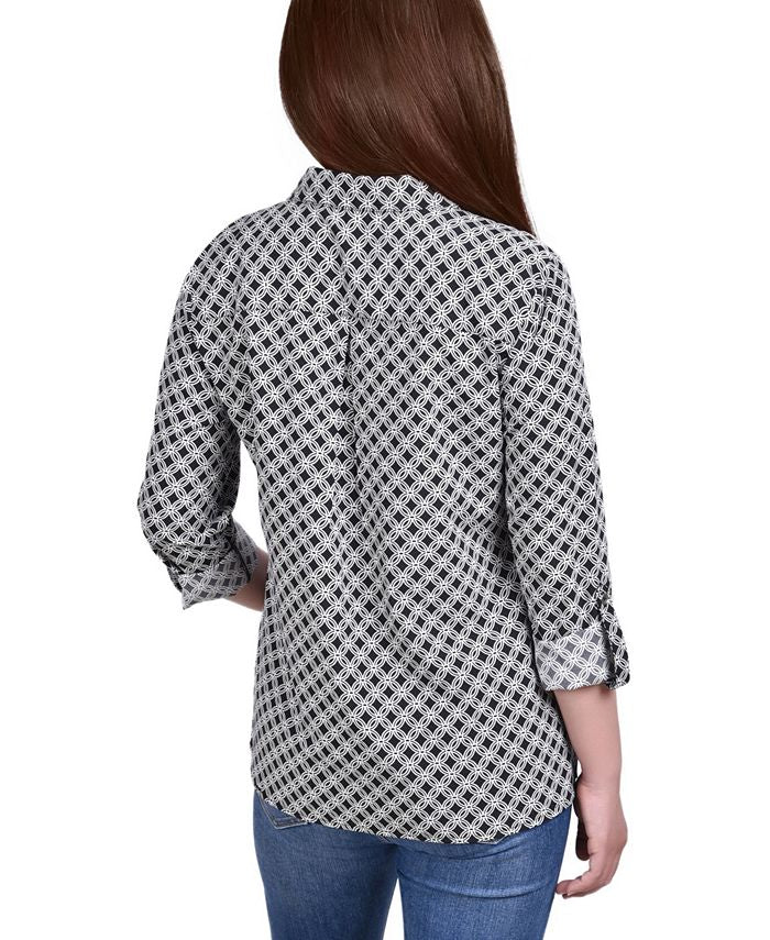 NY Collection Women's 3/4 Sleeve Roll Tab Notch Collar Blouse Gray Size Petite Medium