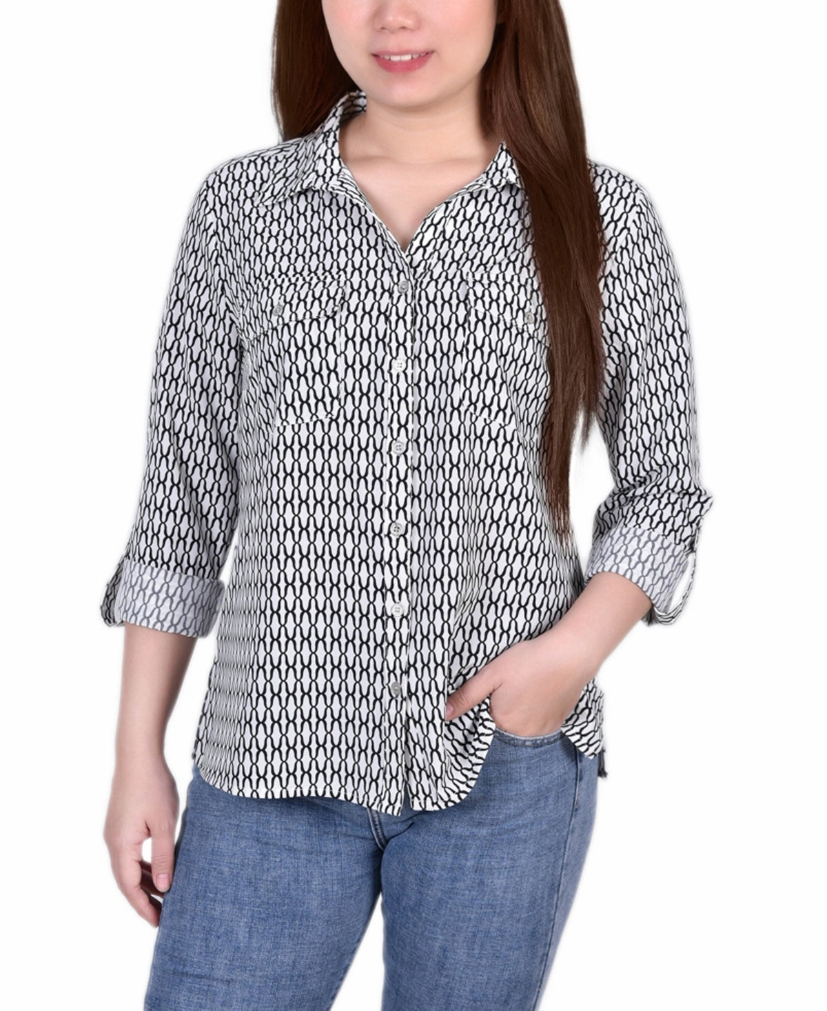 NY Collection Women's 3/4 Sleeve Roll Tab Notch Collar Blouse Gray Size Petite Medium