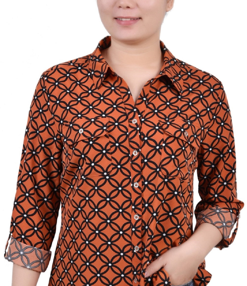 NY Collection Women's 3/4 Sleeve Roll Tab Notch Collar Blouse Orange Size Petite Medium