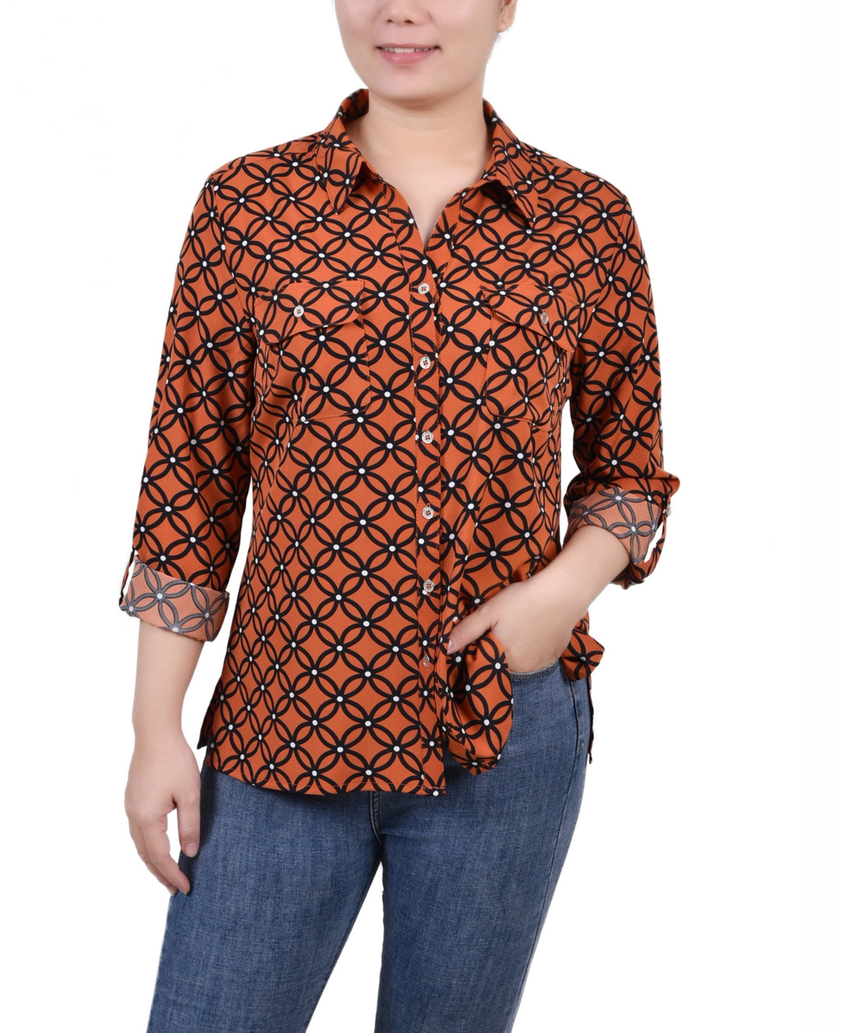 NY Collection Women's 3/4 Sleeve Roll Tab Notch Collar Blouse Orange Size Petite Medium