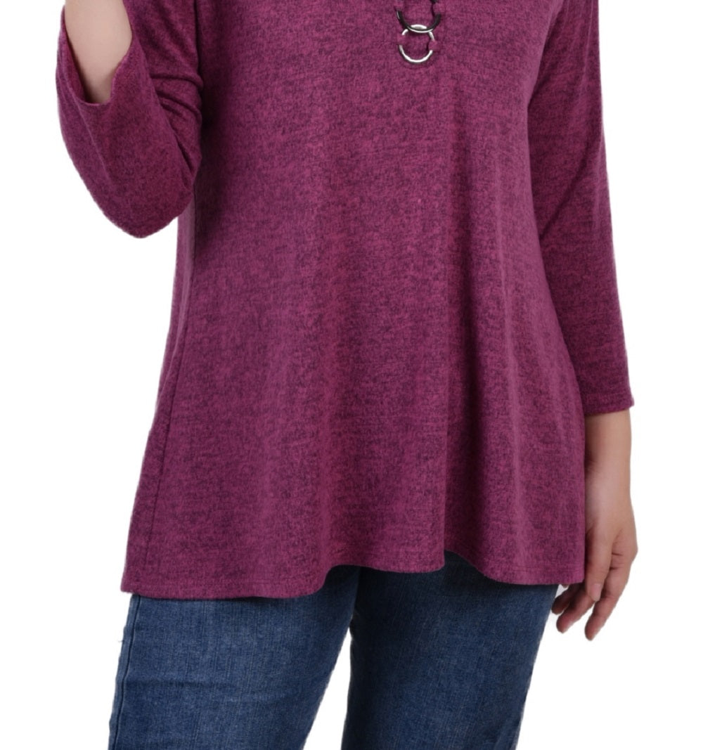 NY Collection Women's 3/4 Sleeve 3 Ring Top Pink Size Large