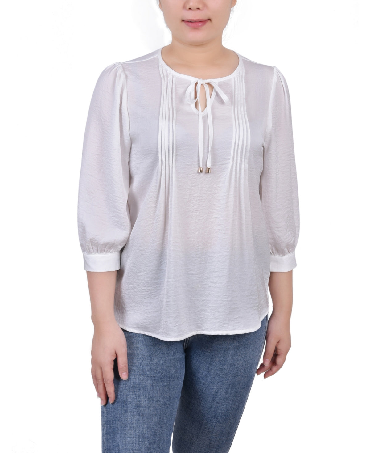 NY Collection Women's Elbow Sleeve Satin Blouse White Size Petite Small