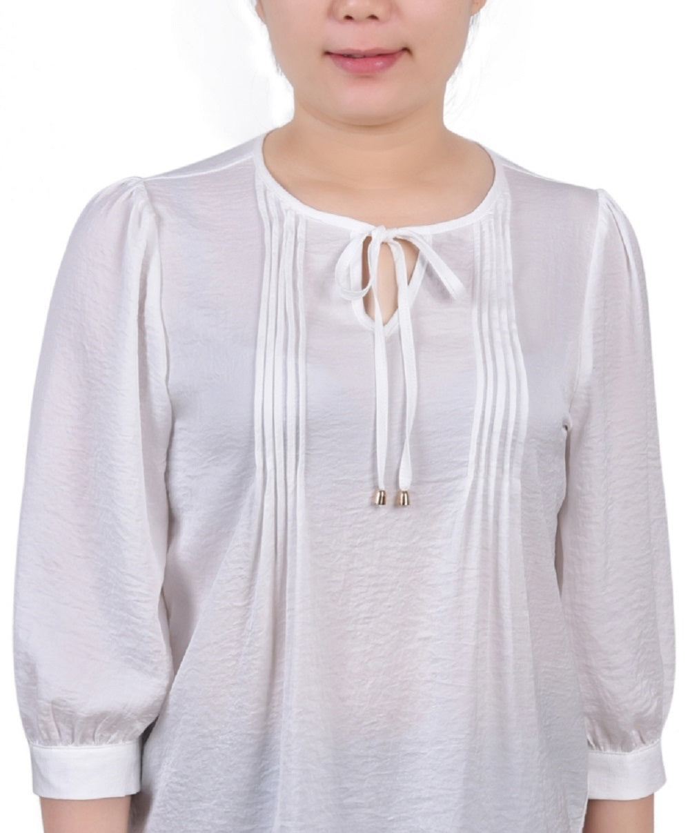 NY Collection Women's Elbow Sleeve Satin Blouse White Size Petite Small