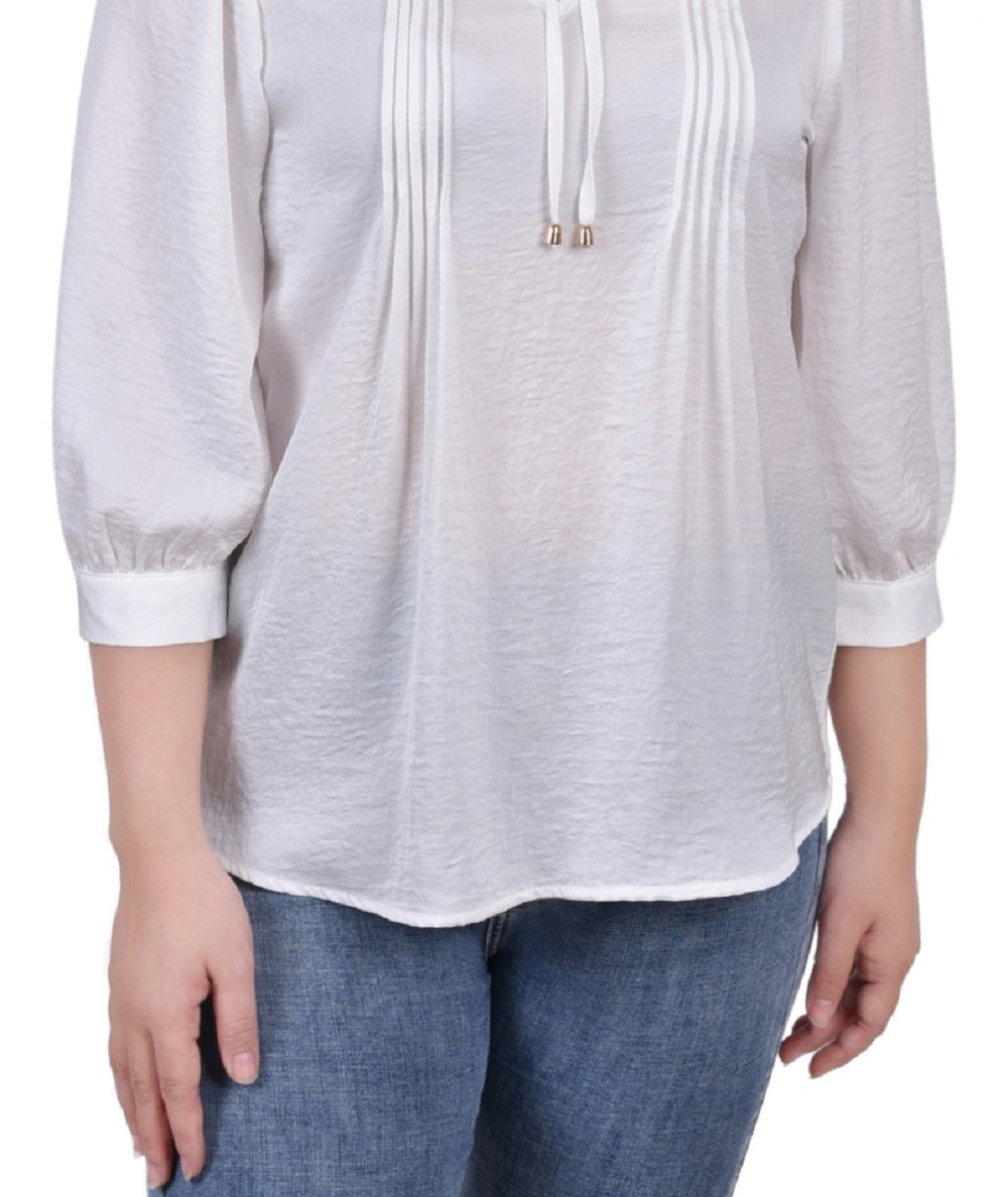 NY Collection Women's Elbow Sleeve Satin Blouse White Size Petite Small
