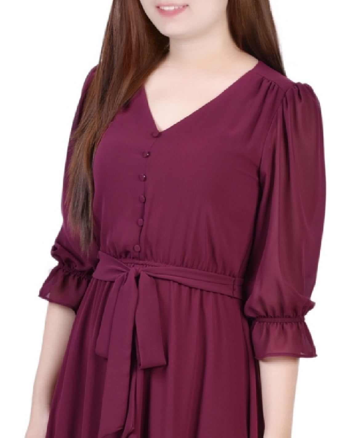 NY Collection Women's 3/4 Sleeve V Neck Flounced Dress Red Size Petite Large