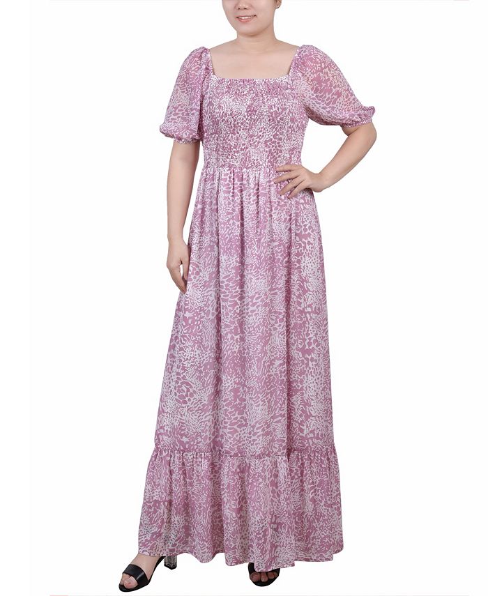 NY Collection Women's Short Sleeve Smocked Maxi Dress Pink Size Petite Medium