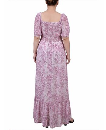 NY Collection Women's Short Sleeve Smocked Maxi Dress Pink Size Petite Medium