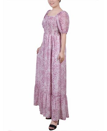 NY Collection Women's Short Sleeve Smocked Maxi Dress Pink Size Petite Medium