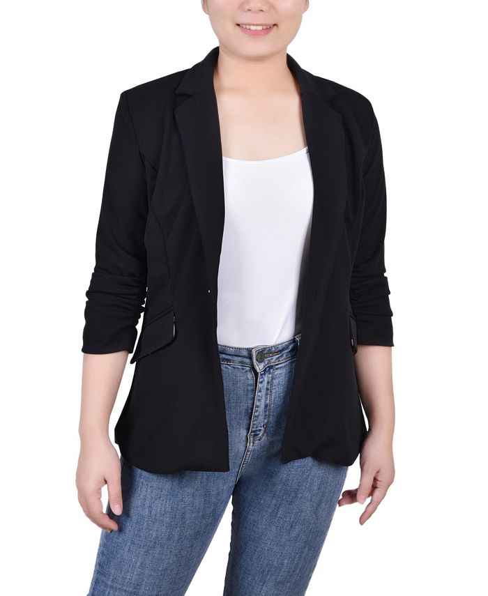 NY Collection Women's 3/4 Rouched Sleeve Crepe Jacket Black Size X-Large
