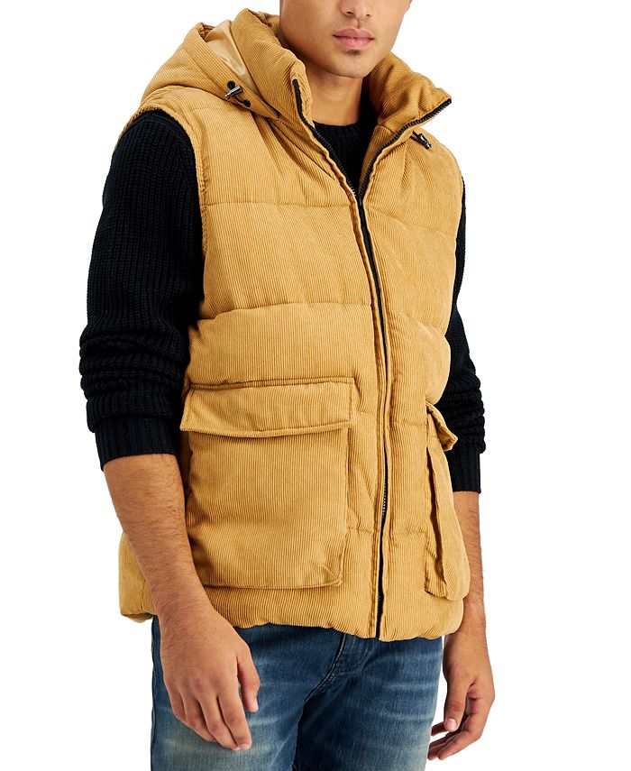 Sean John Men's Corduroy Hooded Utility Puffer Vest Brown Size X-Large