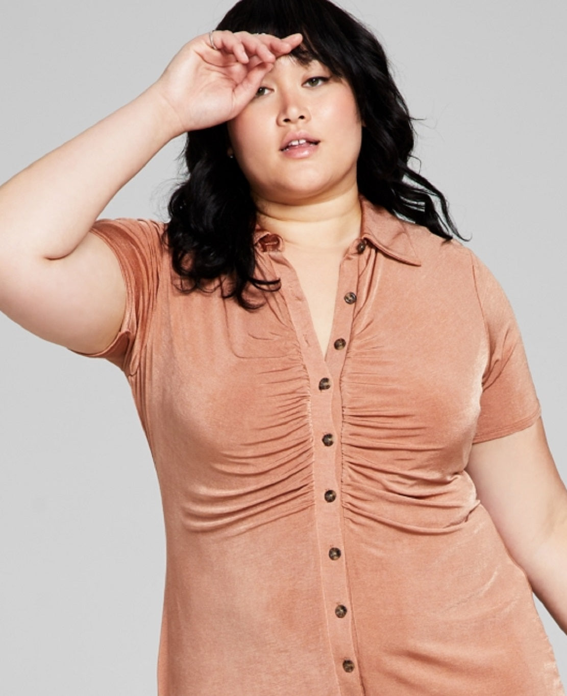 And Now This Women's Ruched Shirtdress Brown Size 3X