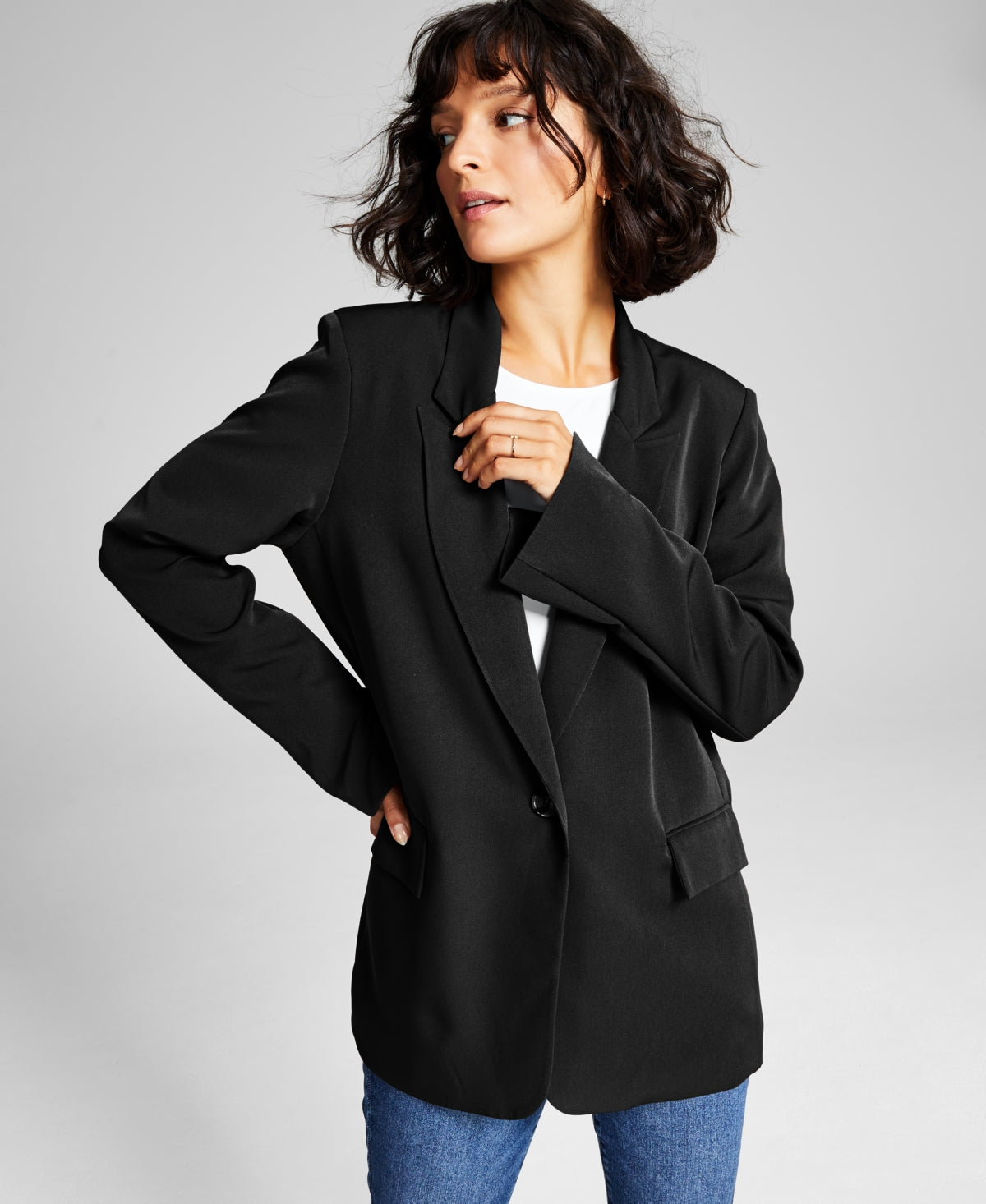 And Now This Women's Oversized Notched Collar One Button Blazer Black Size X-Large