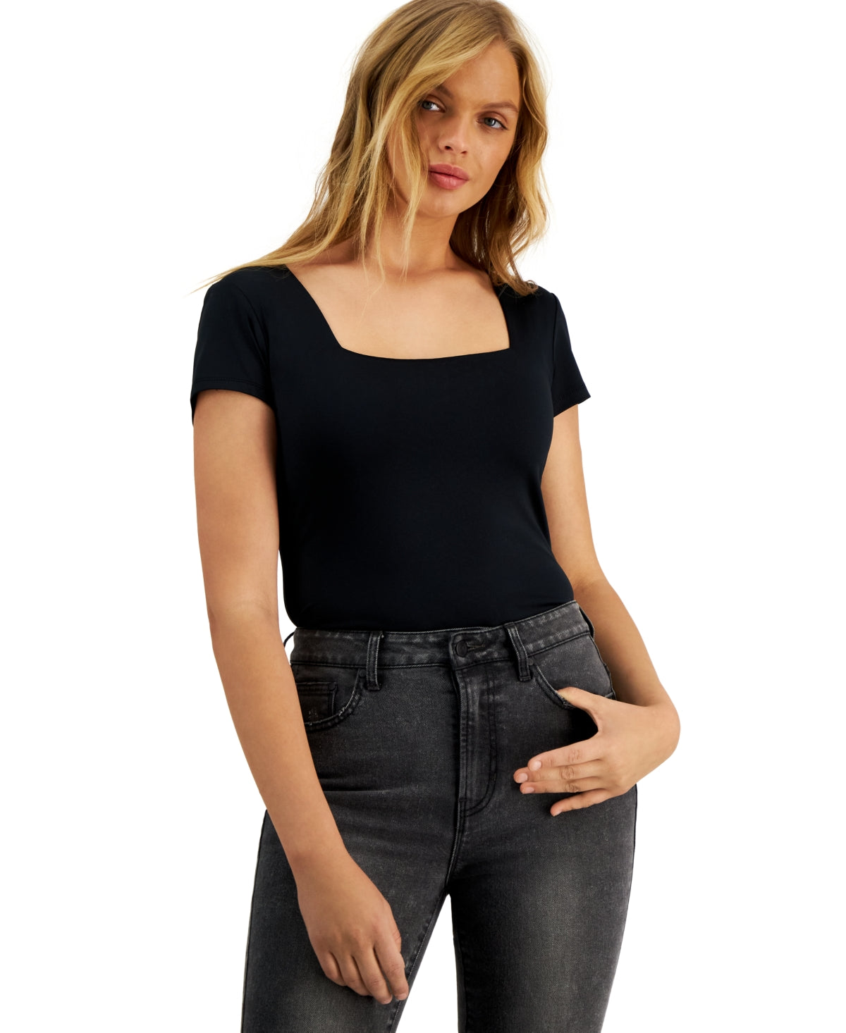 And Now This Women's Square Neck Short Sleeve Bodysuit Black Size Medium