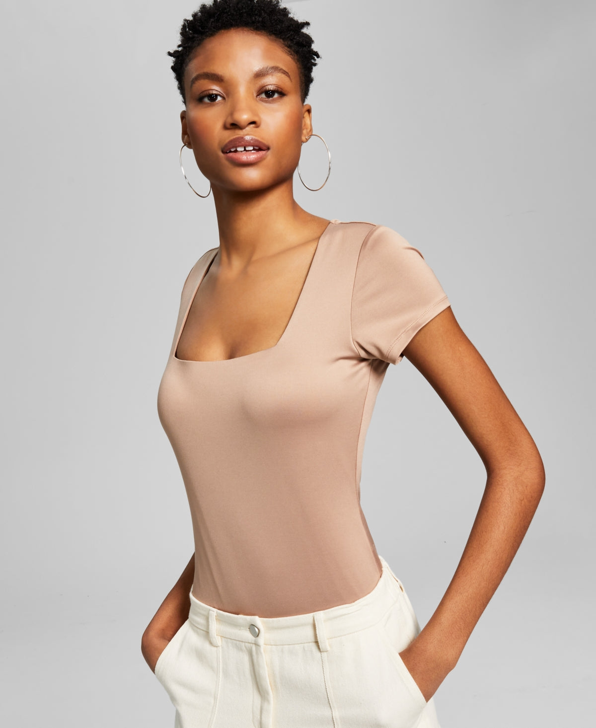 And Now This Women's Square Neck Short Sleeve Bodysuit Brown Size Medium