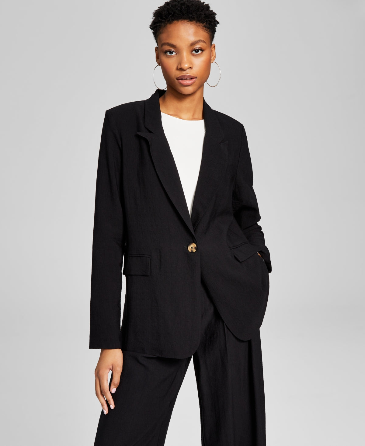 And Now This Women's One Button Textured Oversized Blazer Black Size Medium