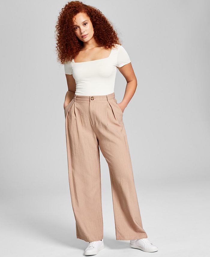 And Now This Women's High-Rise Wide Leg Textured Trouser Pants Brown Size Large