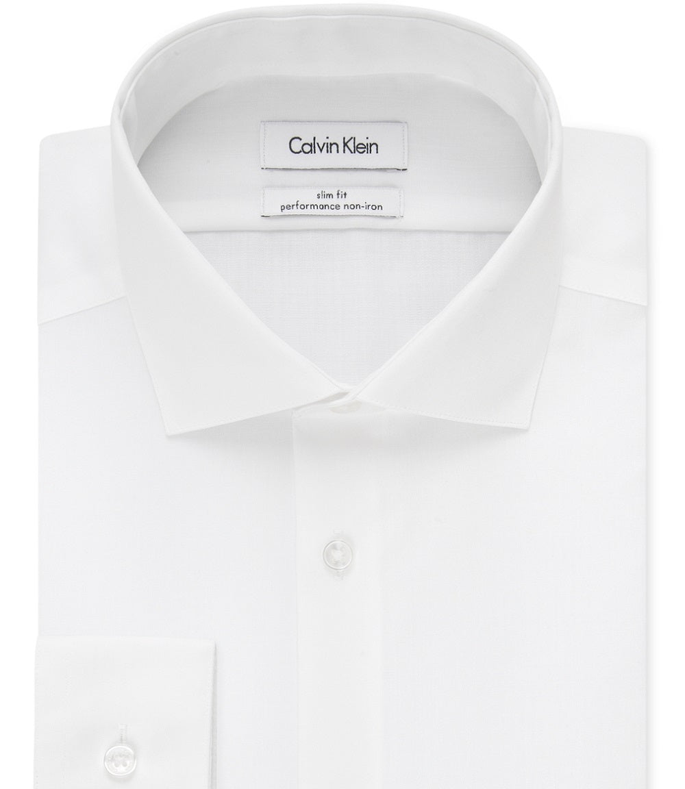 Calvin Klein Men's Slim Fit Non Iron Spread Collar Herringbone Dress Shirt White Size 16.5X34X35