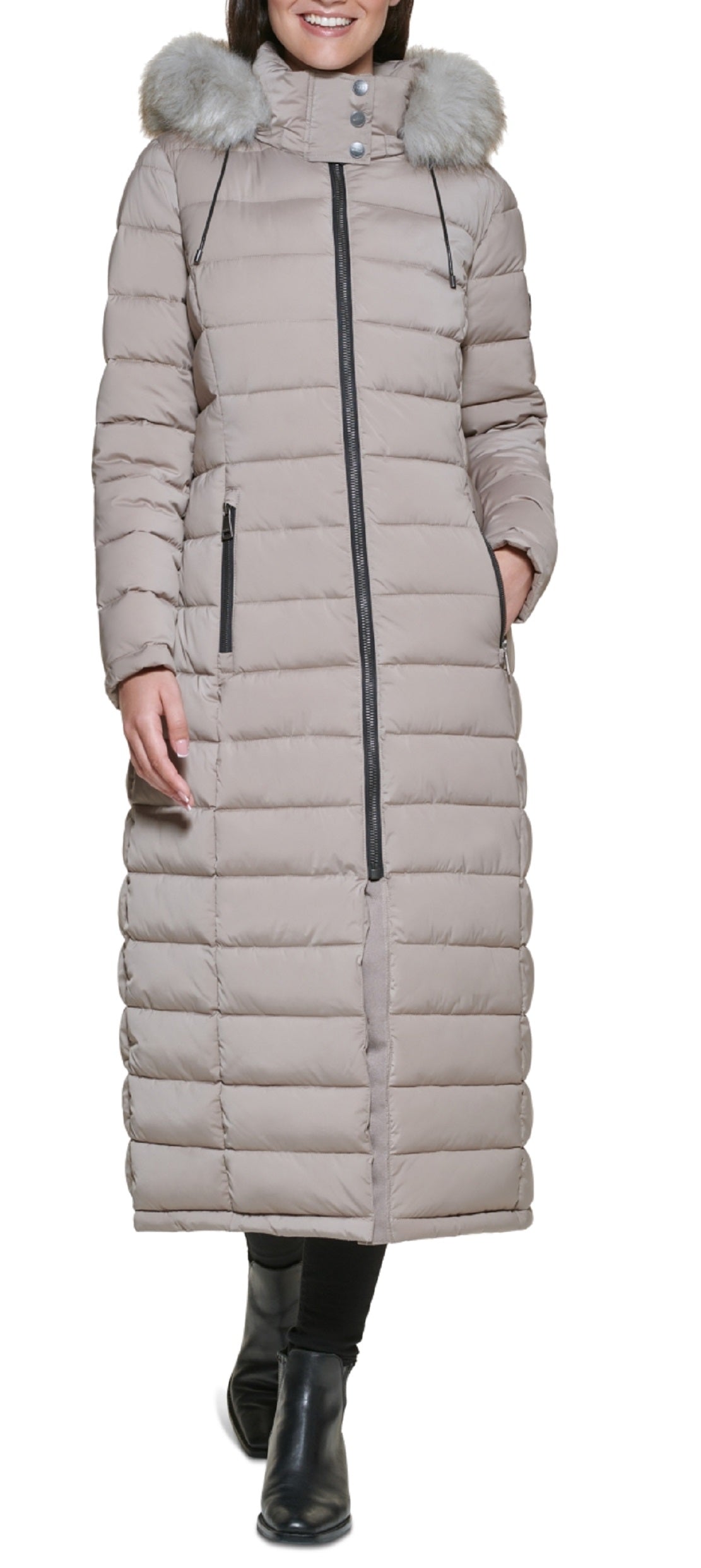 DKNY Women's Faux Fur Trim Hooded Maxi Puffer Coat Pink Size XX-Large