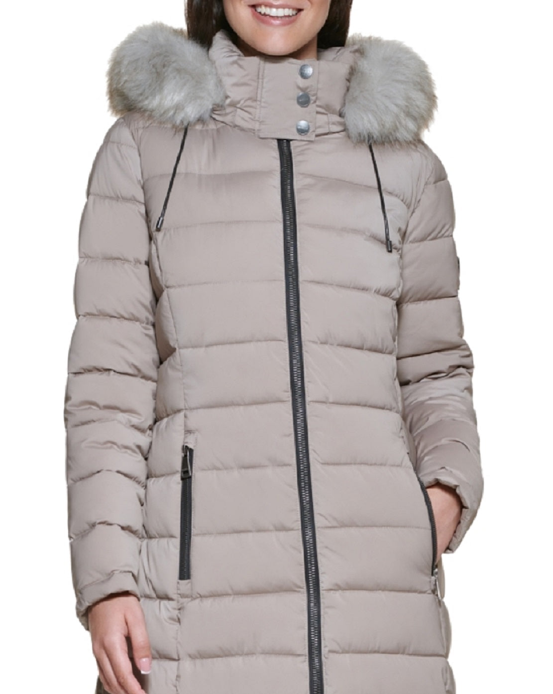 DKNY Women's Faux Fur Trim Hooded Maxi Puffer Coat Pink Size XX-Large