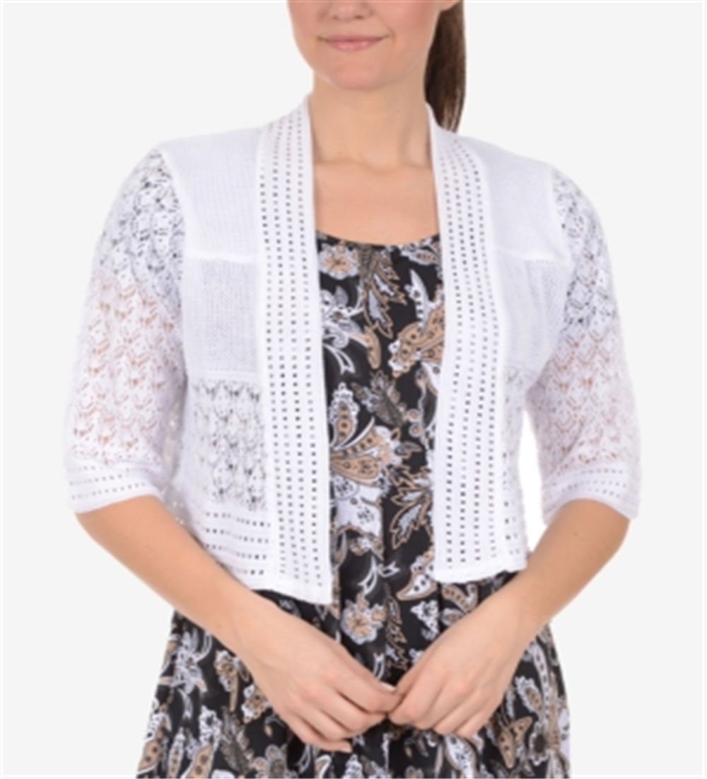 NY Collection Women's Elbow Sleeve Open Front Shrug White Size X-Large