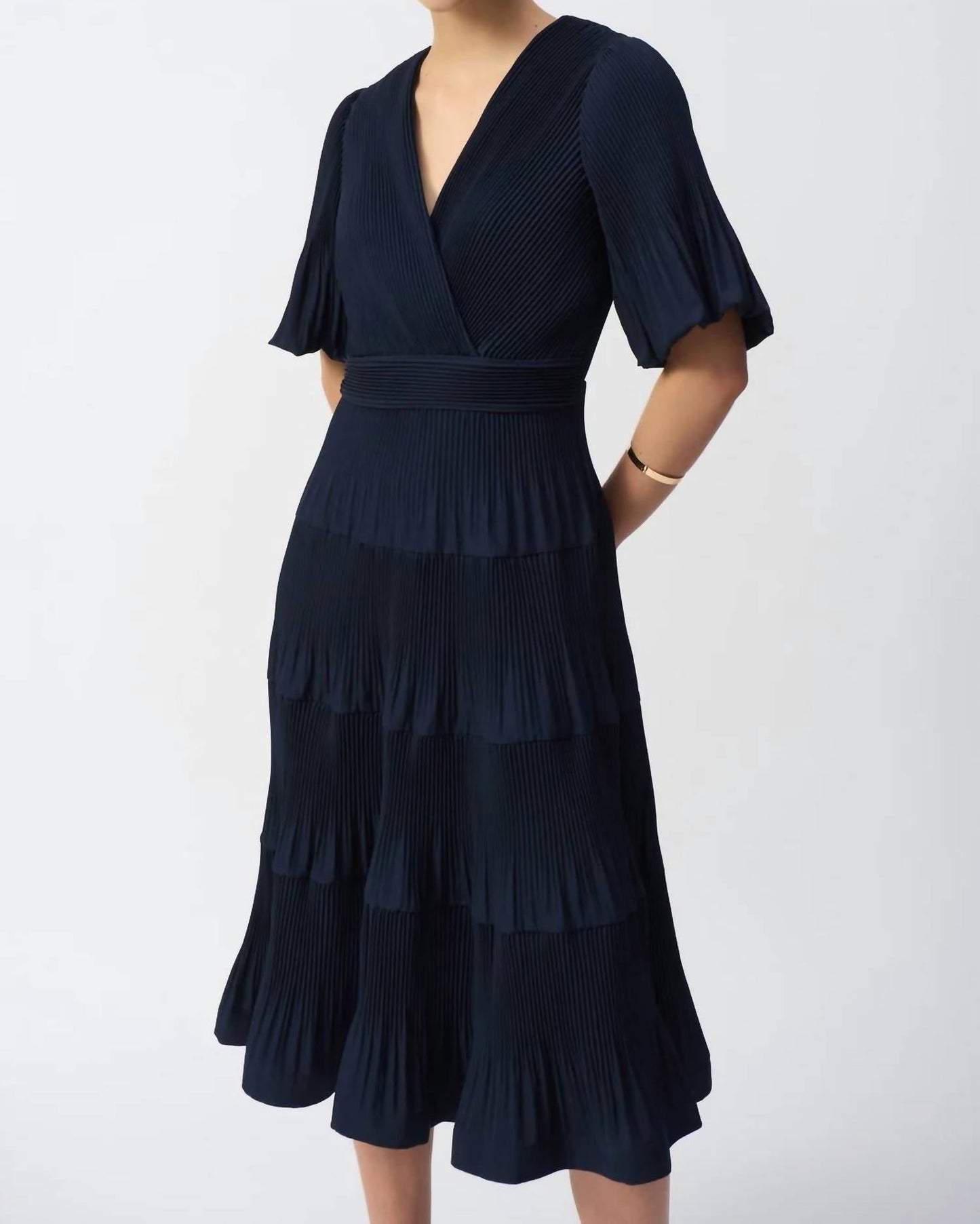 Joseph Ribkoff - V-neck Pleated Faux Wrap Midi Dress