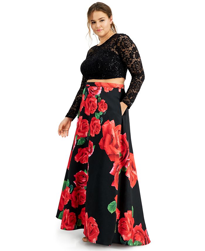 B Darlin Women's Trendy 2 Pc Lace & Floral Print Dress Black Size 14W
