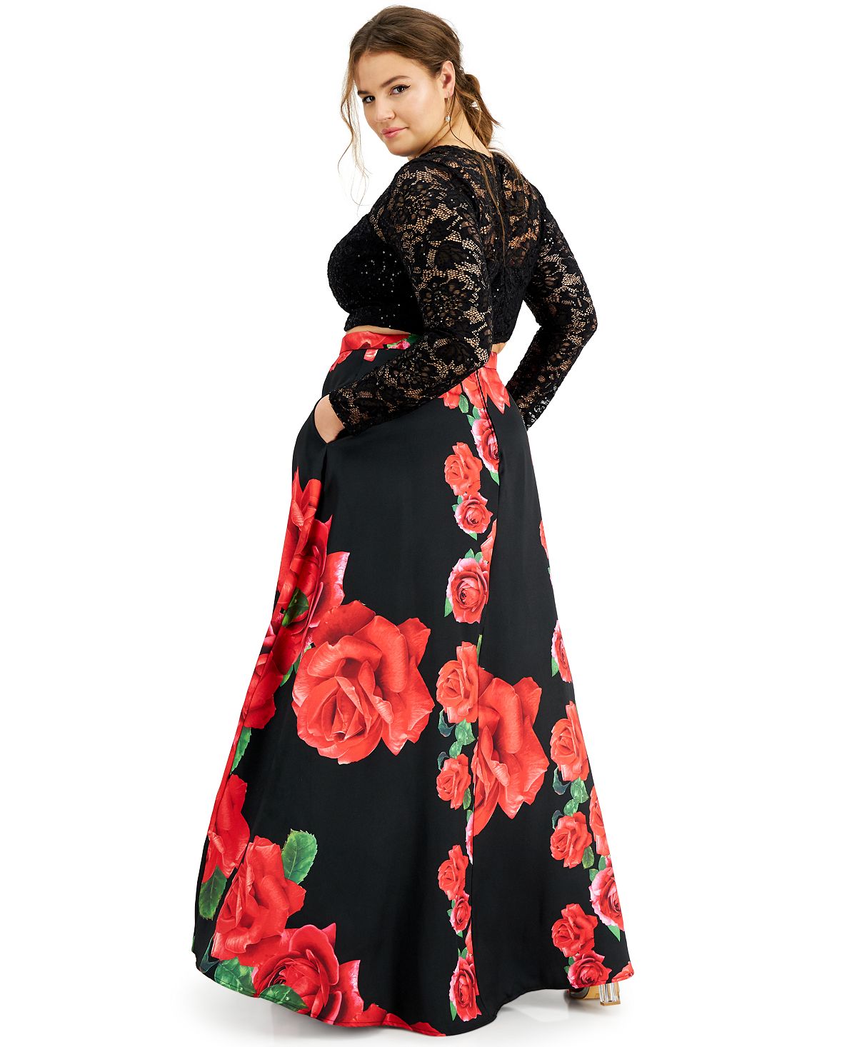 B Darlin Women's Trendy 2 Pc Lace & Floral Print Dress Black Size 14W