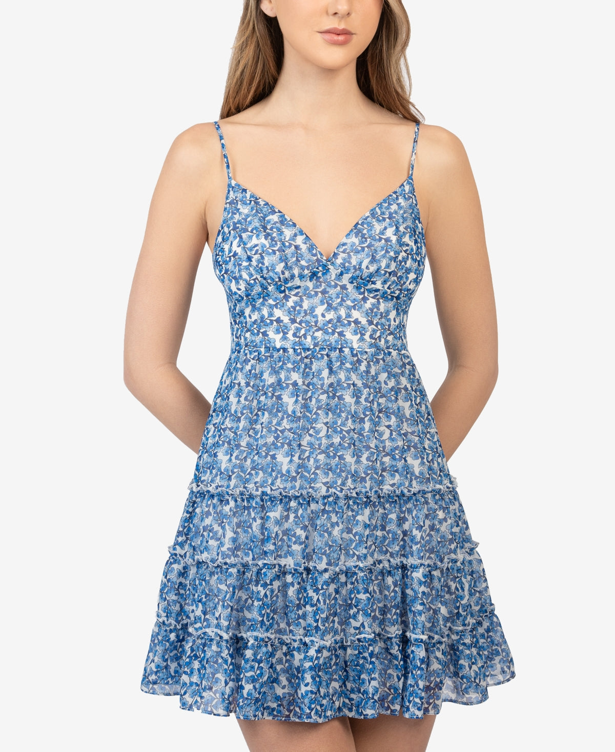 B.Darlin Junior's Floral Print Tiered Dress Blue Size 11-12