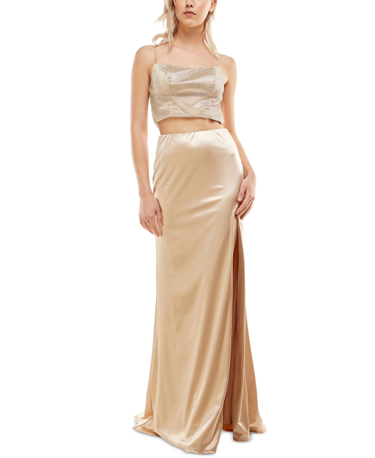 B Darlin Junior's Mesh Detail 2 Pc Satin Gown Yellow Size 7-8