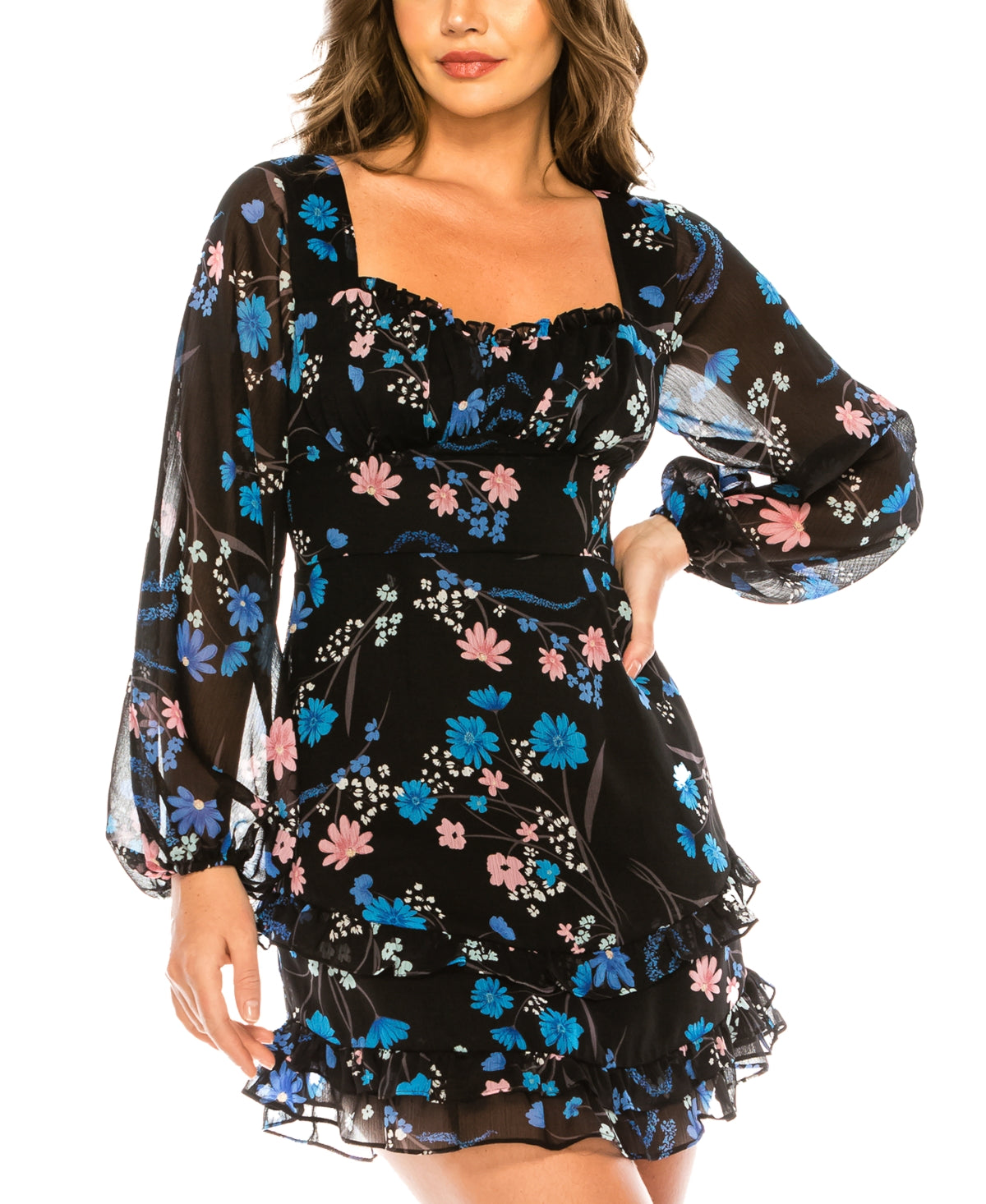 B Darlin Junior's Emma Printed Ruffled Dress Black Size 34