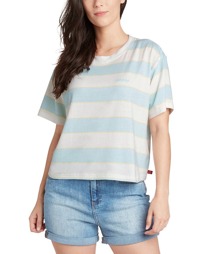 Dickies Women's Ribbed Striped Short Sleeve Crew Neck T-Shirt Blue Size Large