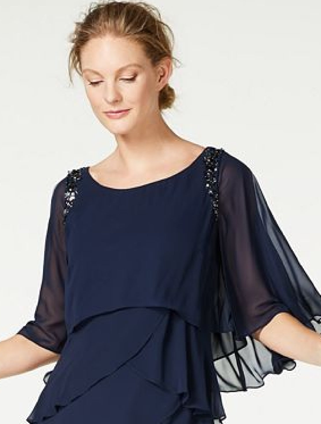 SL Fashions Women's Embellished Bell Sleeve Jewel Neck Short Ruffled Party Dress Blue Size 18