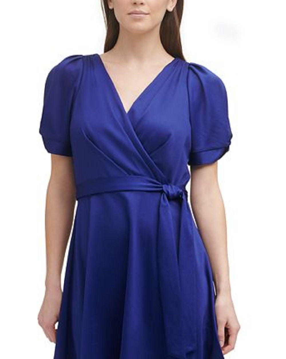 DKNY Women's Pleated Zippered Belted Unlined Short Pouf Knot-S Surplice Neckline Above The Knee Evening Fit Flare Dress Blue Size 12
