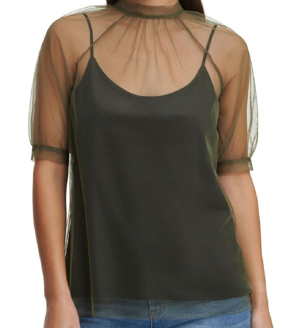 DKNY Women's Tulle Overlay Top Green Size Medium