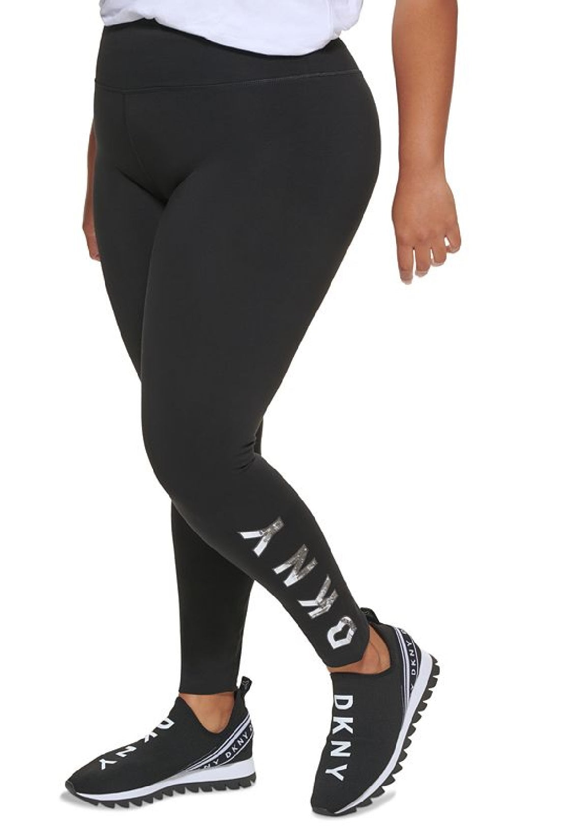 DKNY महिलाओं के लिए हाई वेस्टेड फुल लेंथ लोगो लेगिंग्स, काला, साइज़ 1X