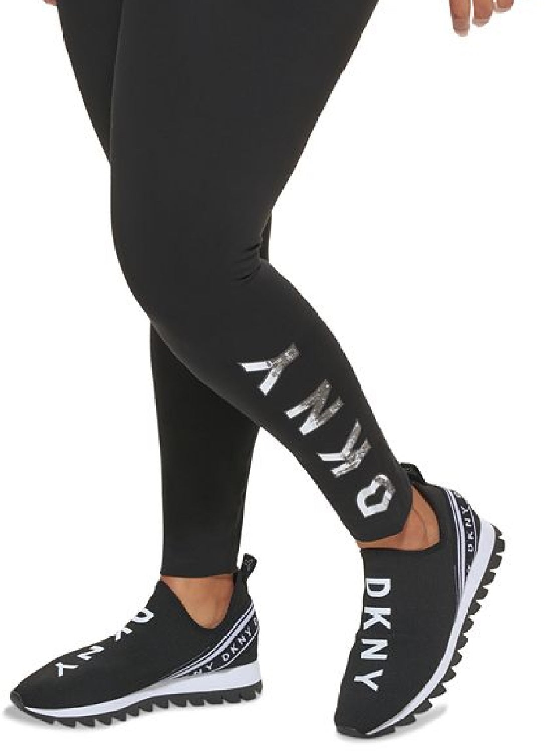 DKNY महिलाओं के लिए हाई वेस्टेड फुल लेंथ लोगो लेगिंग्स, काला, साइज़ 1X