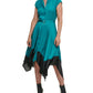 DKNY Women's Belted Darted Handkerchief Hem Color Block Cap Sleeve Split Midi Wear To Work Fit Flare Dress Blue Size Medium