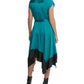 DKNY Women's Belted Darted Handkerchief Hem Color Block Cap Sleeve Split Midi Wear To Work Fit Flare Dress Blue Size Medium