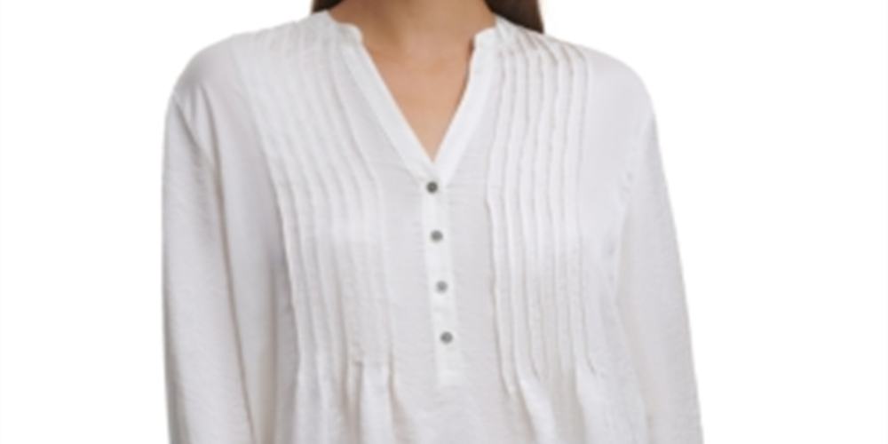 DKNY Women's Pleated Button Neck Top Ivory Size X-Large