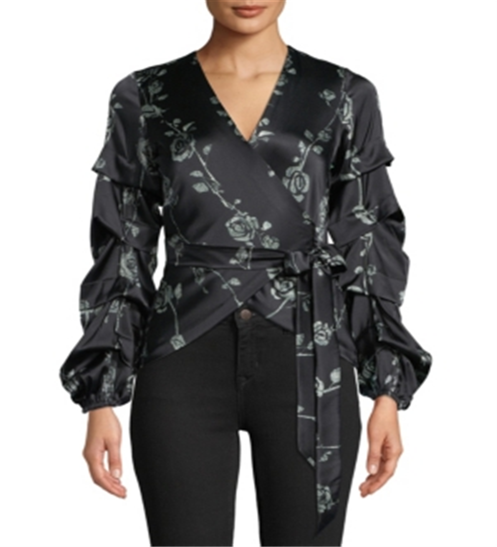 Nicole Miller Women's Floral Print Wrap Top Black Size Petite