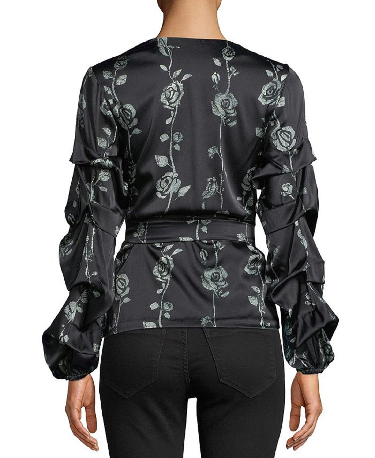 Nicole Miller Women's Floral Print Wrap Top Black Size Petite