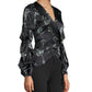 Nicole Miller Women's Floral Print Wrap Top Black Size Petite