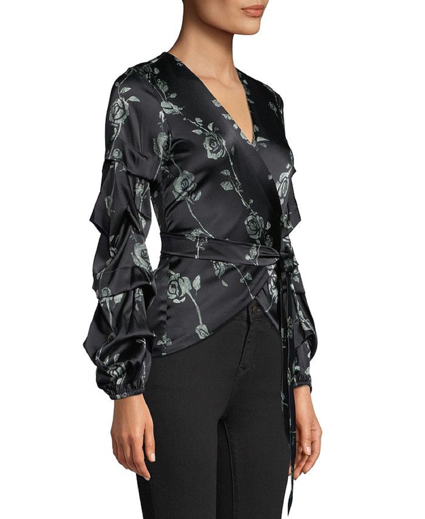 Nicole Miller Women's Floral Print Wrap Top Black Size Petite