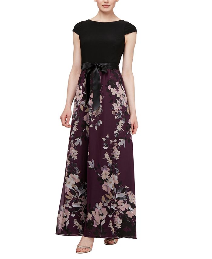 SL Fashions Womens Mixed Media Floral Maxi Dress Purple Size 6