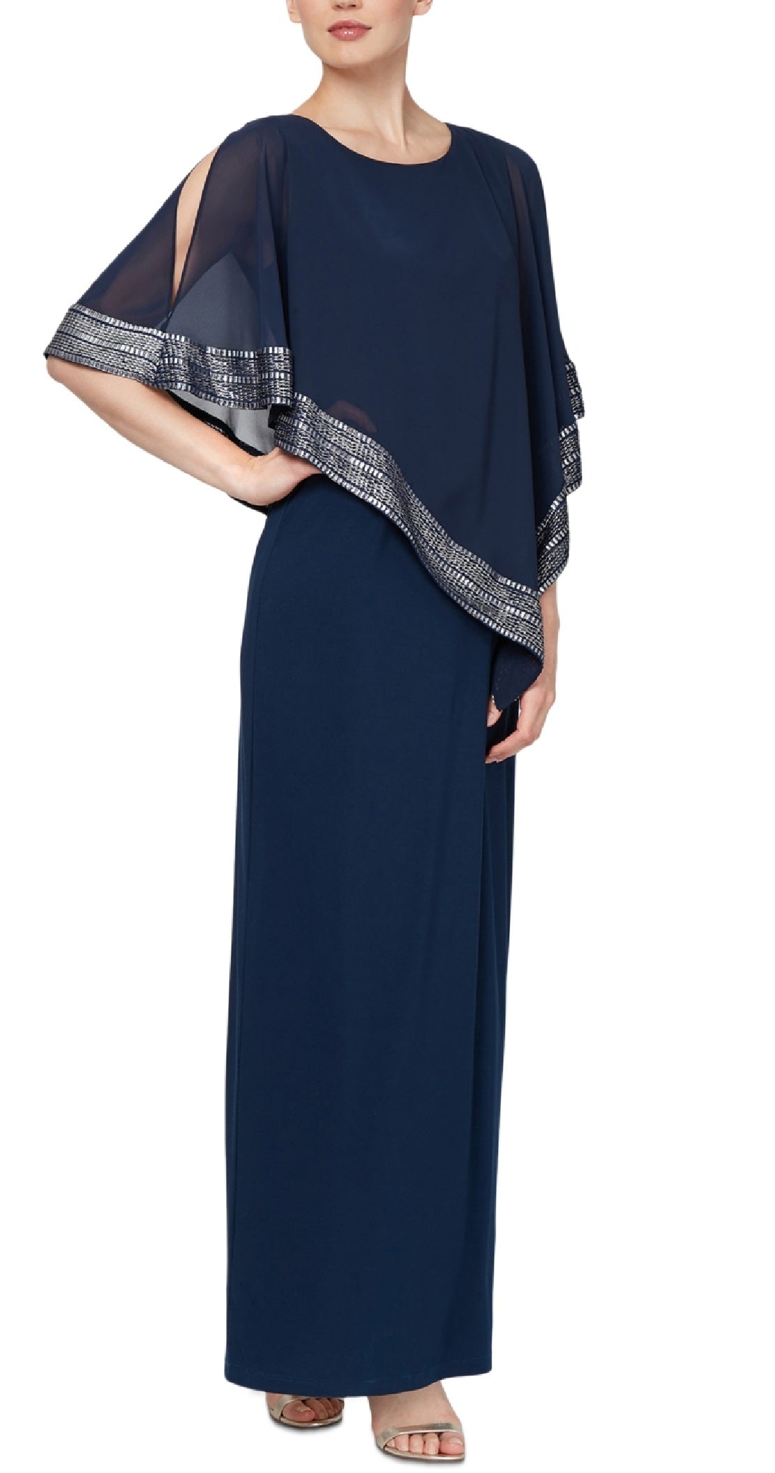 SL Fashions Women's Foil Trim Asymmetric Popover Capelet Gown Blue Size 8