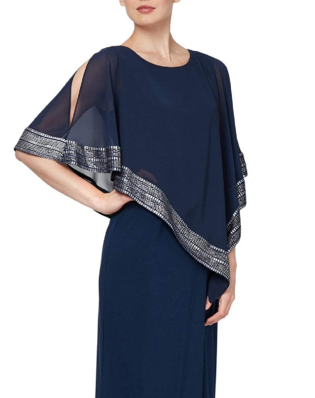 SL Fashions Women's Foil Trim Asymmetric Popover Capelet Gown Blue Size 8