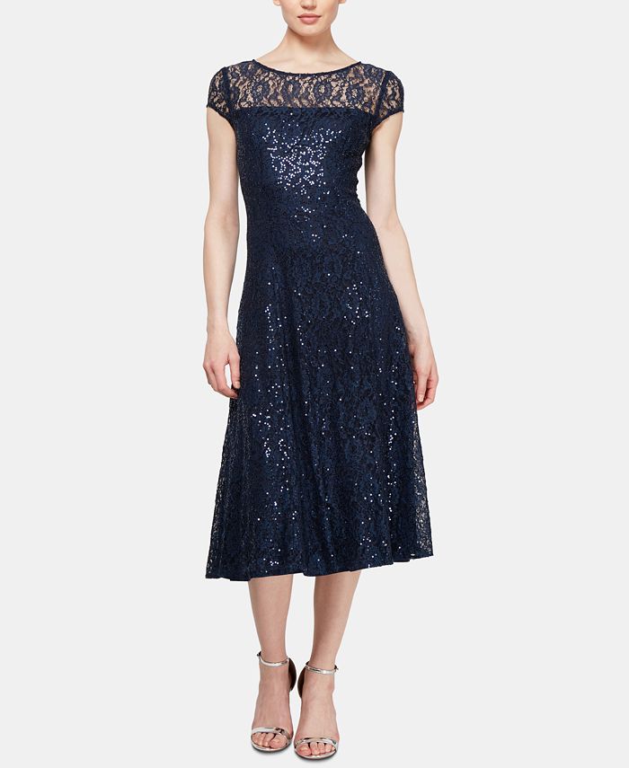 SL Fashions Women's Sequined Lace Midi Dress Blue Size 6
