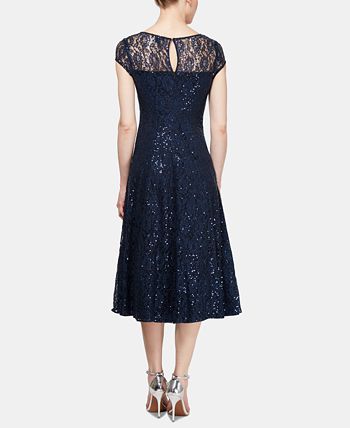 SL Fashions Women's Sequined Lace Midi Dress Blue Size 12